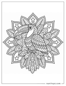 Toucan Mandala Coloring Page with Stars and Leaves