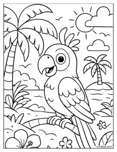 Tropical Parrot Sitting by Palm Trees and Distant Island