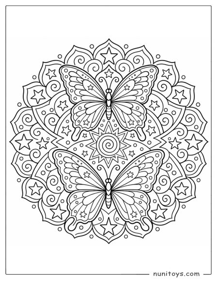 Two Butterfly Star Mandala Coloring Sheet
