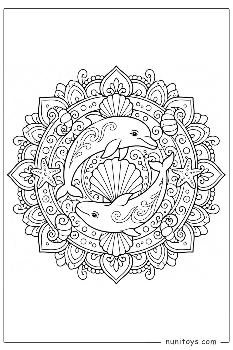 Coloriage deux dauphins autour d’un coquillage dans un mandala marin