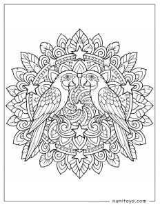 Two Parrots with Star Mandala Coloring Page