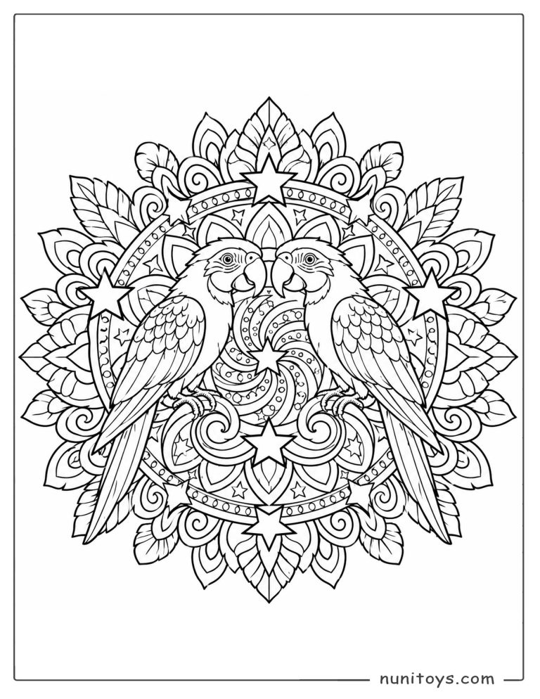 Coloriage deux perroquets face à face dans un mandala étoilé