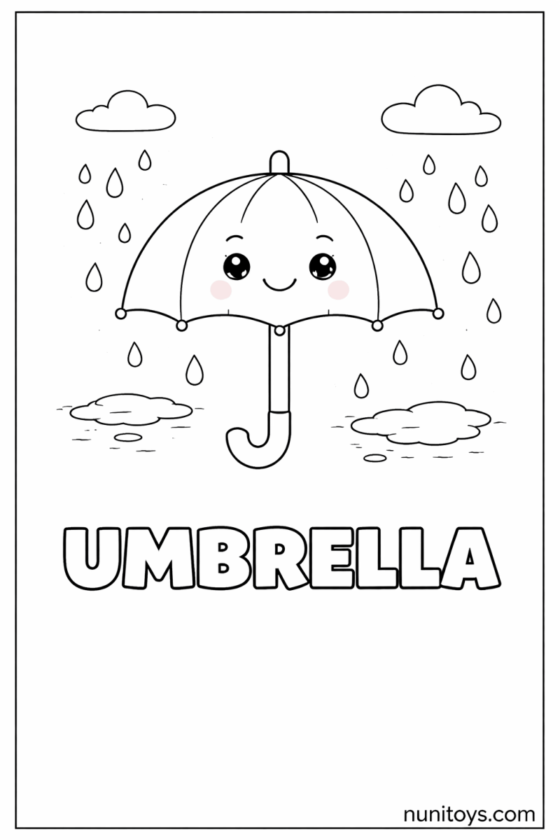 U is for Umbrella cute rainy day coloring page