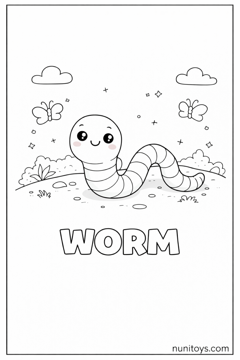 W is for Worm cute preschool coloring page