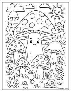 דף צביעה פטריות חמודות עם פרפר ושמש מחייכת