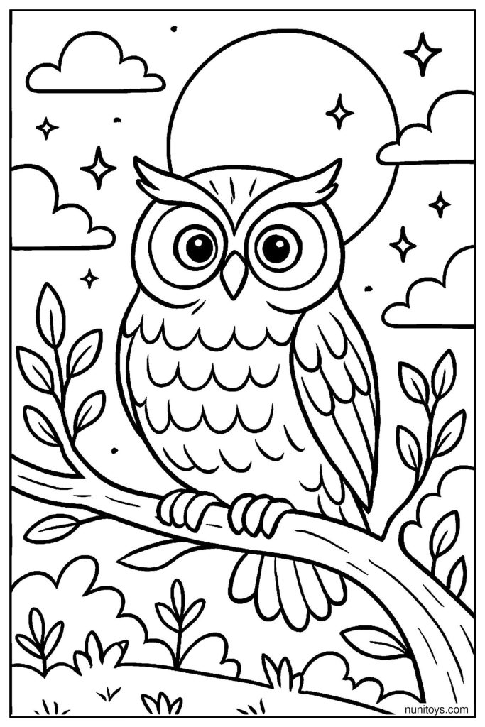 Wise Owl Perched on a Glowing Branch Under the Full Moon Coloring Page