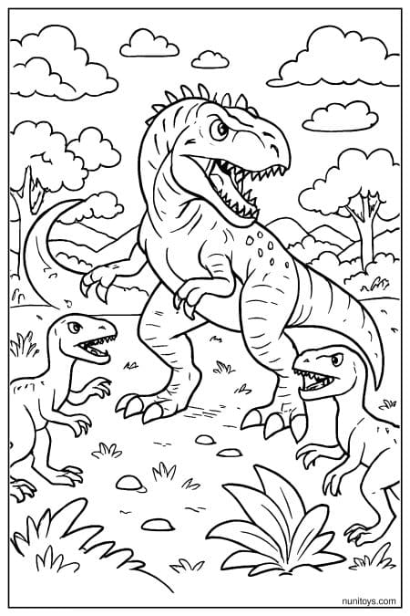 Allosaurus stands with smaller dinosaurs in open prehistoric field Coloring Page