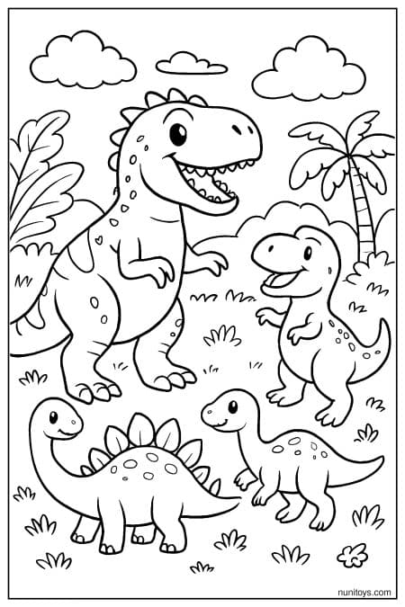 Coloring Page of an allosaurus standing with baby dinosaurs in grassy prehistoric field