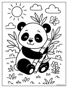 פנדה חמוד מחבק במבוק בטבע ציור לצביעה מרגיע