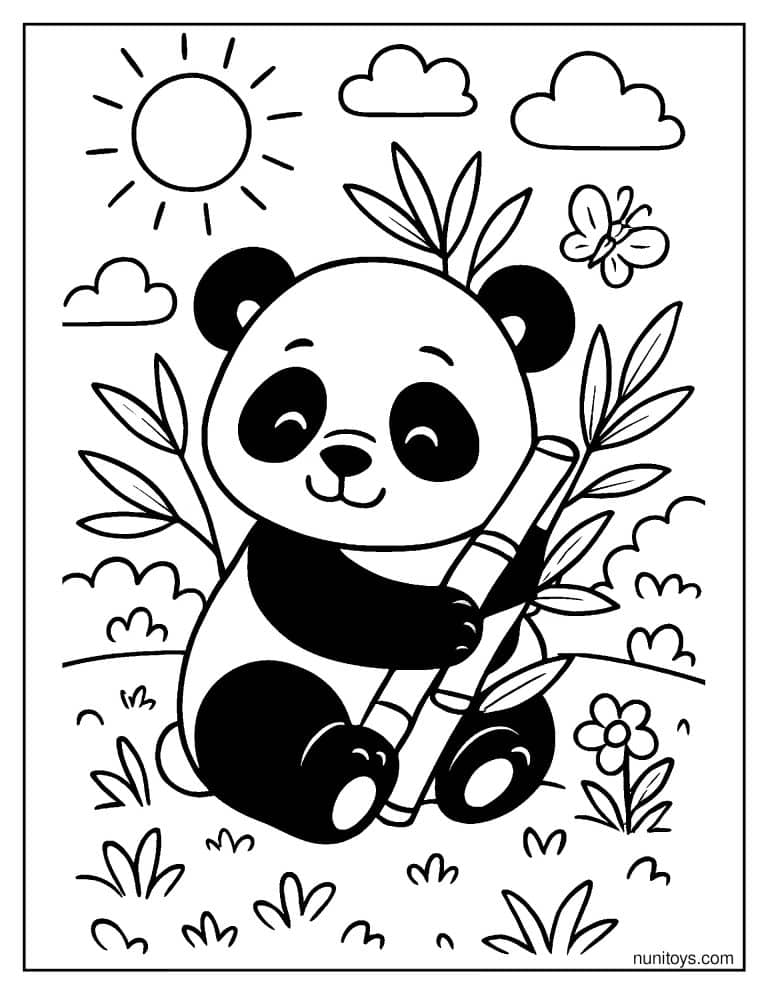 Coloriage panda câlinant un bambou parmi les fleurs et les papillons