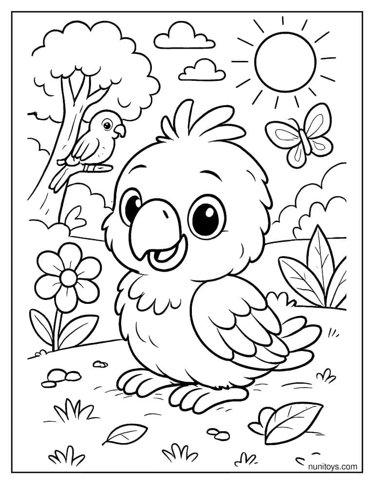 Coloriage bébé perroquet dans un jardin avec papillon