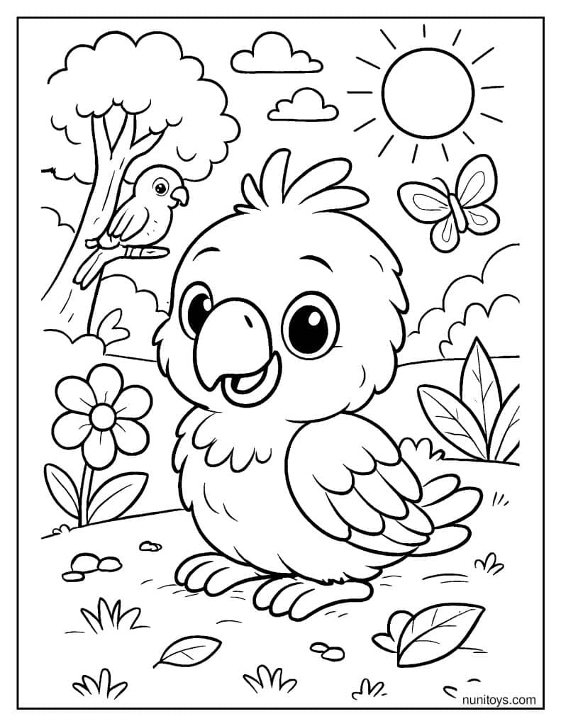 גוזל תוכי חמוד עומד בגינה עם פרחים ופרפר