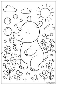 Adorable Rhino Blowing Soap Bubbles in a Sunny Garden