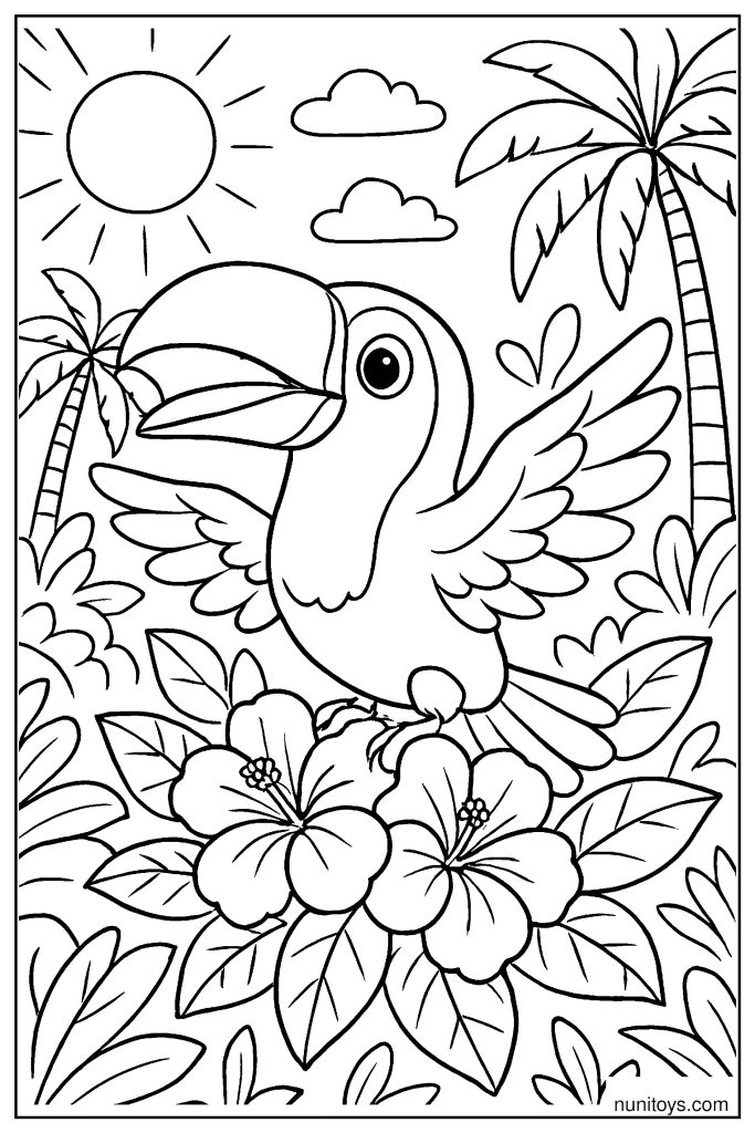 Adorable Toucan Flapping Wings Above Tropical Flowers Coloring Page