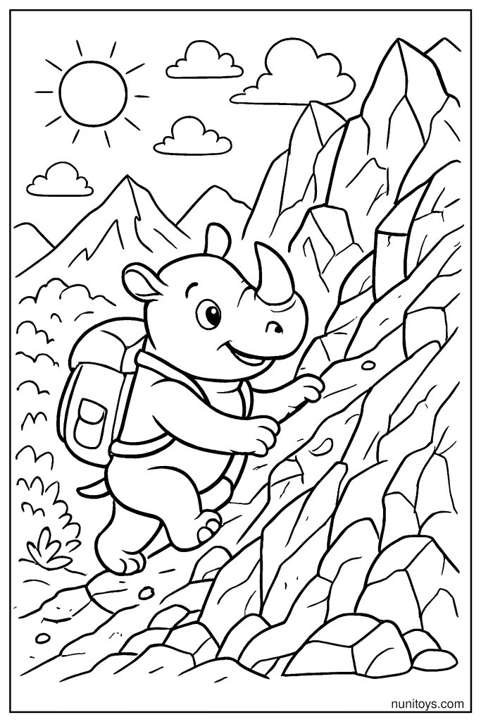 Adventurous Rhino Climbing a Steep Mountain Path Coloring Page