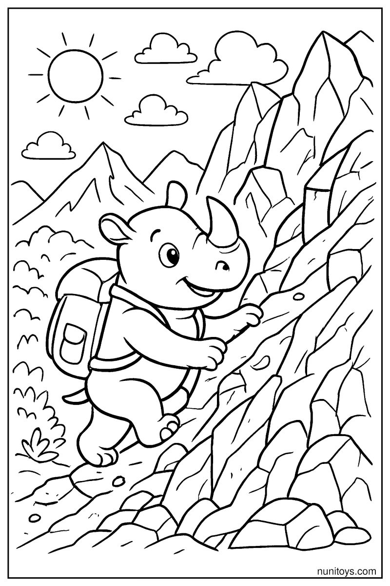 Adventurous Rhino Climbing a Steep Mountain Path Coloring Page