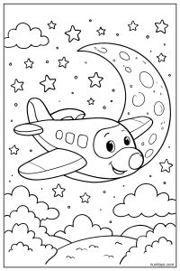 Airplane Flying Across the Moon Night Coloring Page