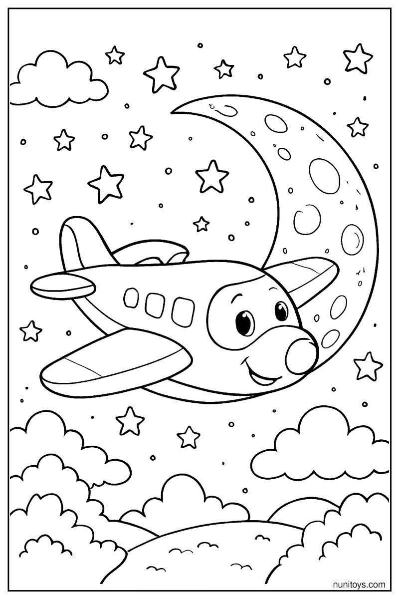 Airplane Flying Across the Moon Night Coloring Page