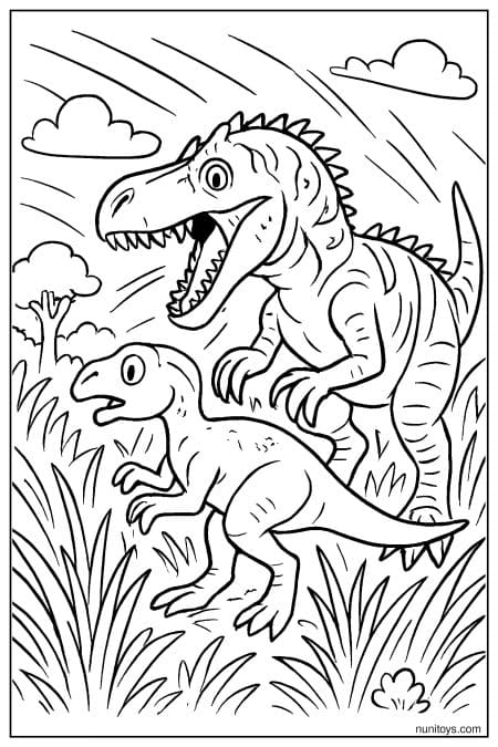 Coloring page of an Allosaurus chasing a smaller dinosaur in a grassy and windy landscape