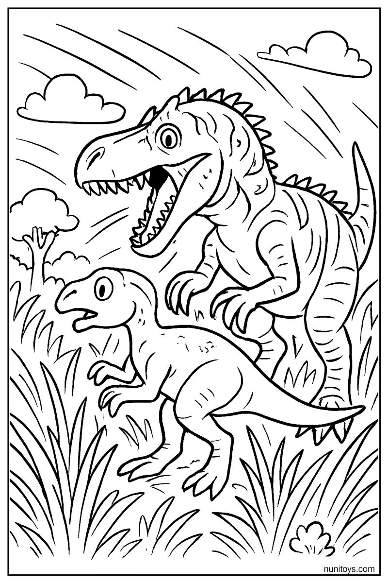 Allosaurus Attacking Prey in Tall Grass Coloring Page