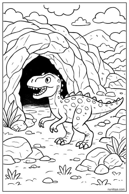 Allosaurus stands at cave entrance in rocky prehistoric setting Coloring Page
