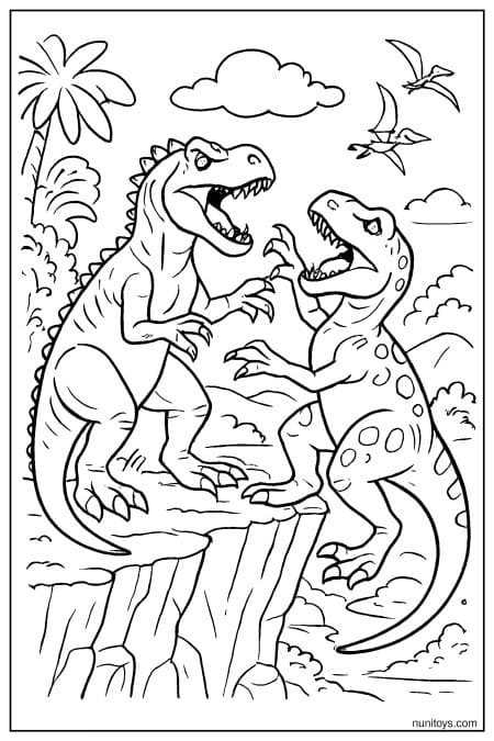 Two Allosaurus face each other on rocky cliff with sky Coloring Page