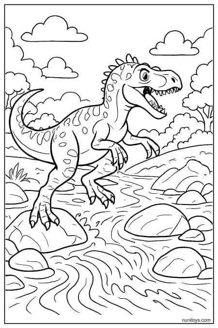 Allosaurus crosses rocky stream with flowing water and stones Coloring Sheet