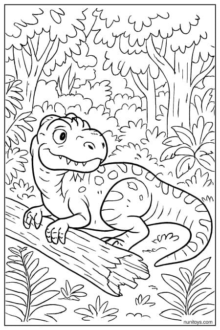Allosaurus rests on fallen log in dense jungle forest Coloring Page