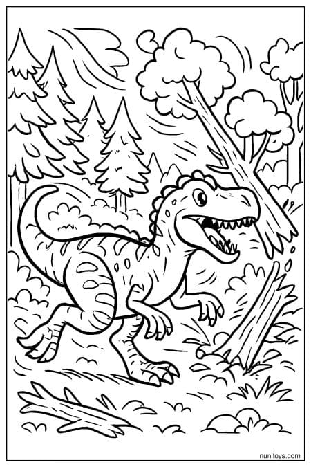 Allosaurus runs through forest with fallen trees and branches Coloring Page