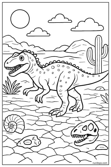 Allosaurus walks across rocky desert with fossils and plants Coloring Page
