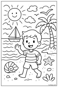 Sea View Coloring Page with Bright Sky and Shoreline