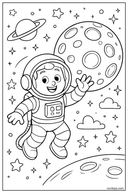 Astronaut Floating Near Moon in Space Coloring Page