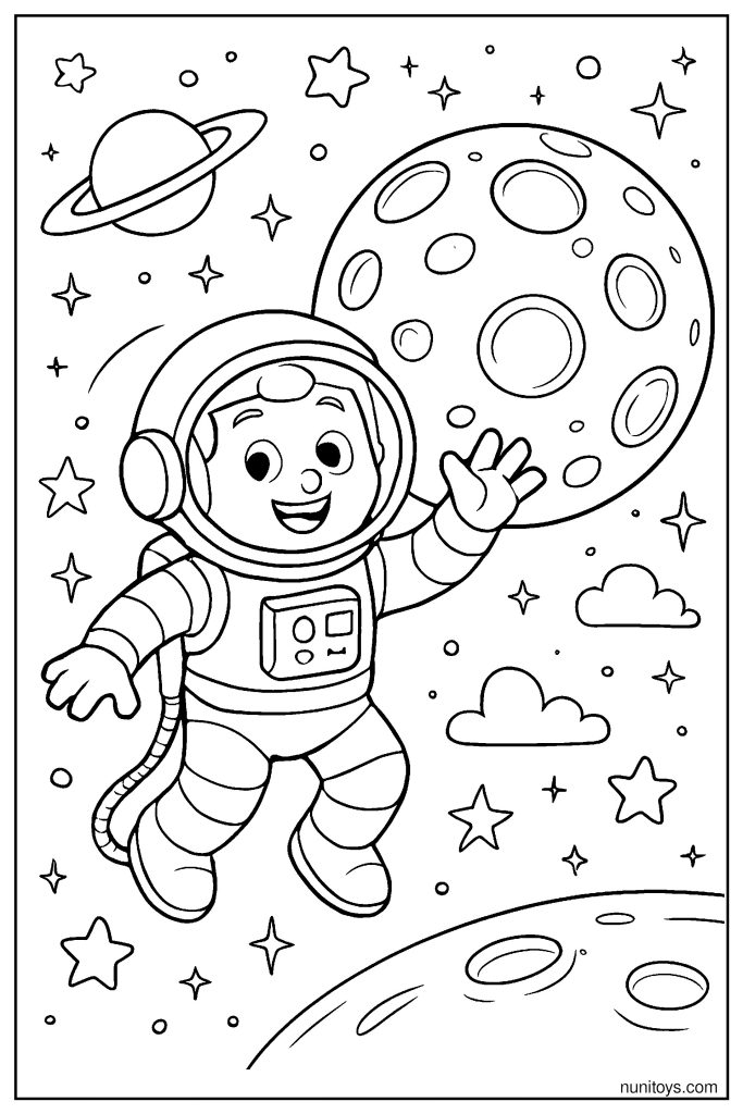Astronaut Floating Near the Moon: Space Adventure Coloring Page