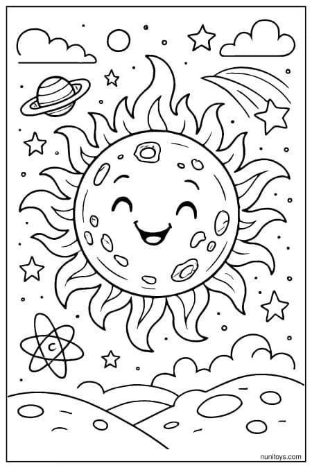 Happy Sun Surrounded by Planets and Shooting Star Coloring Page