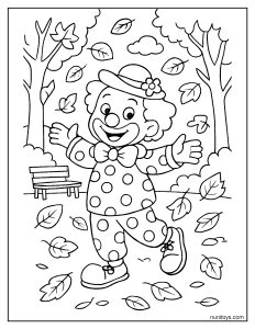 Clown playing in falling autumn leaves in a park coloring page