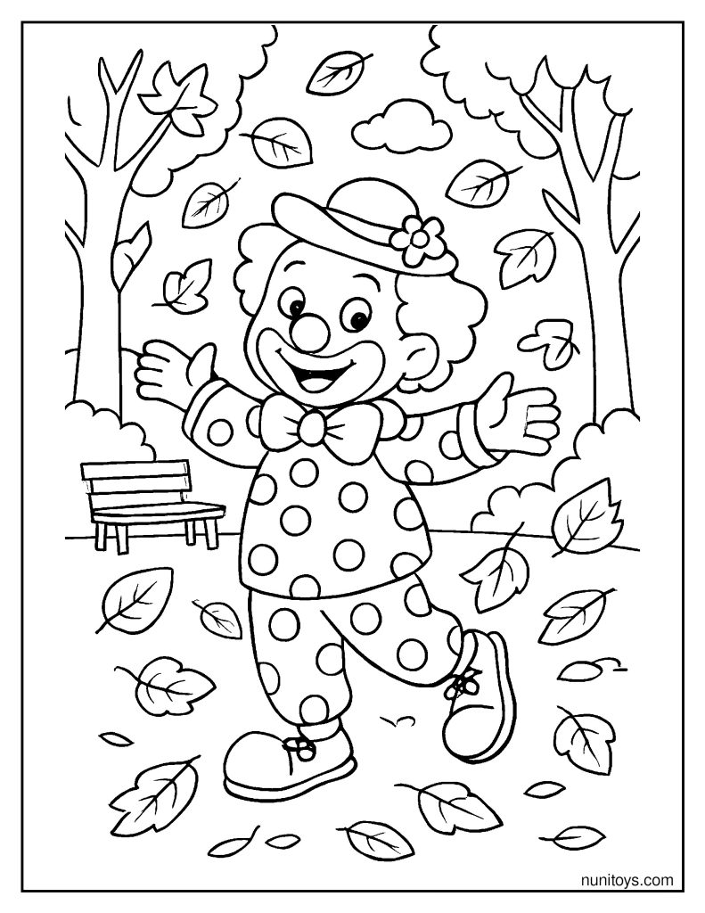 Clown playing in falling autumn leaves in a park coloring page