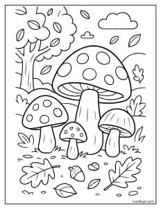 Falling Leaves Around Mushroom Group Coloring Sheet