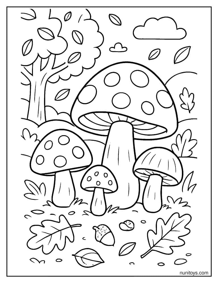 Coloriage groupe de champignons avec feuilles et gland d’automne