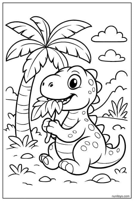 Allosaurus eats leaves under palm tree Coloring Page