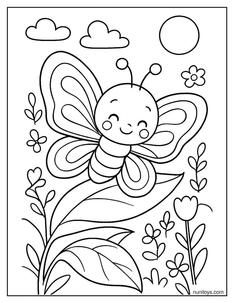 דף צביעה של פרפר קטן נח על עלה בגינה