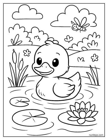 דף צביעה של ברווזון חמוד שוחה בבריכה בין עלי נופר ופרחים