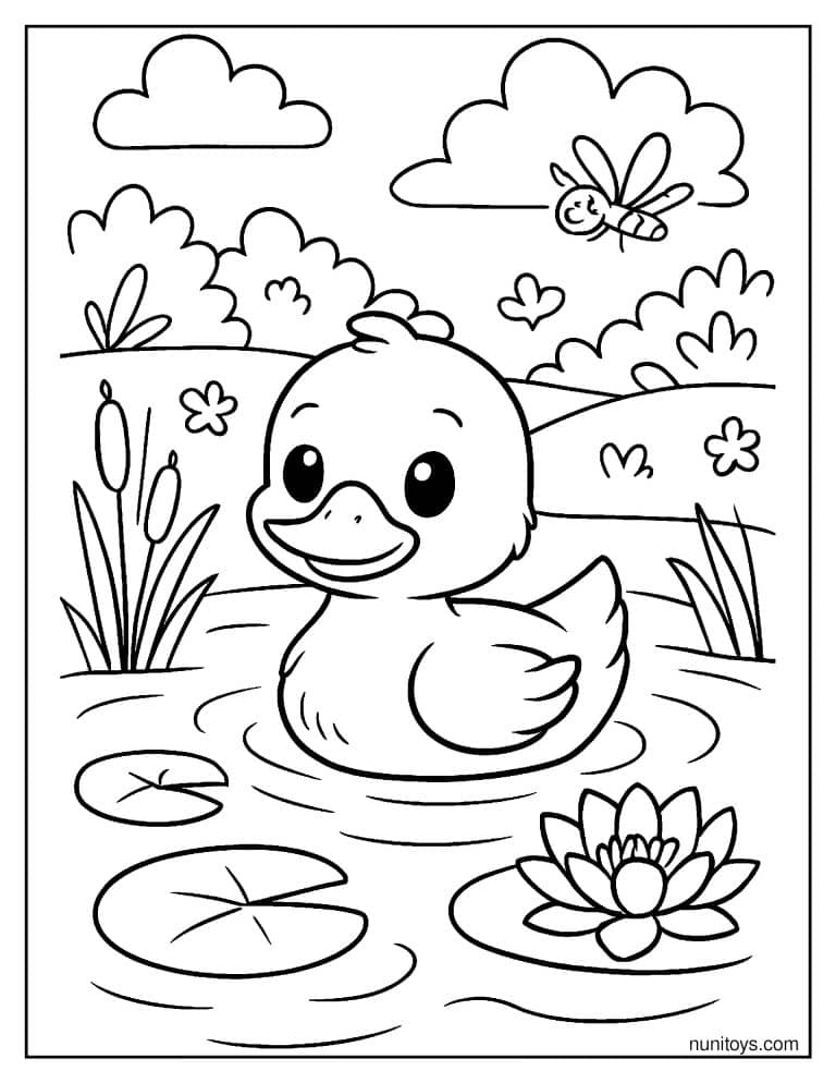 Coloriage petit canard nageant parmi les nénuphars