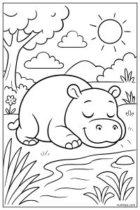 Baby Hippo Sleeping Near Water Coloring Page