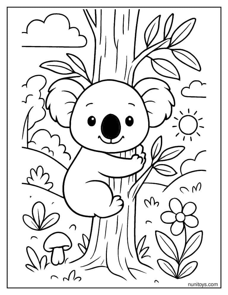 Coloriage petit koala accroché au tronc d’un arbre