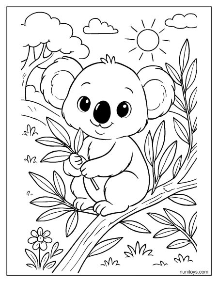 דף צביעה קואלה תינוק עם עלי אקליפטוס