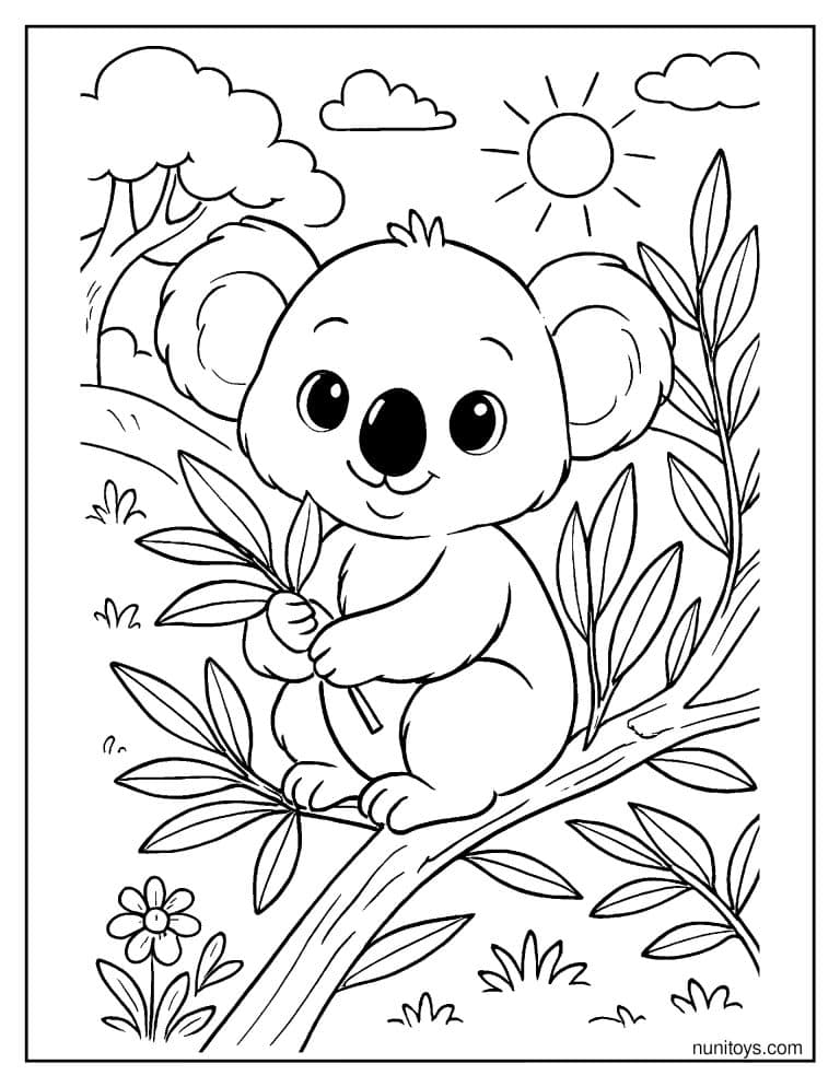 Coloriage petit koala assis sur une branche feuillue