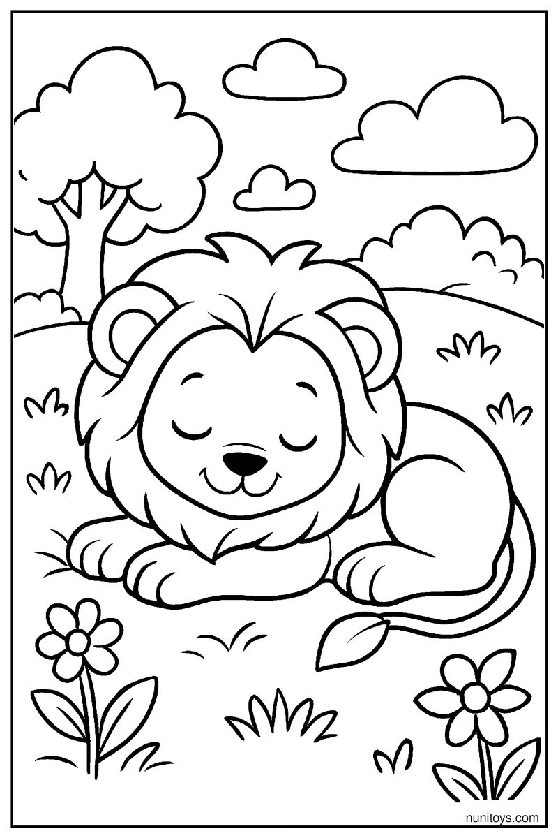 Baby Lion Sleeping Peacefully on Soft Ground Coloring Page