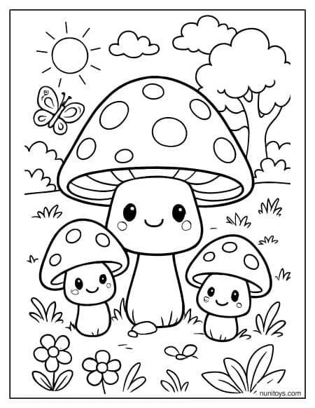 Cute Mushroom Trio in Garden Coloring Sheet