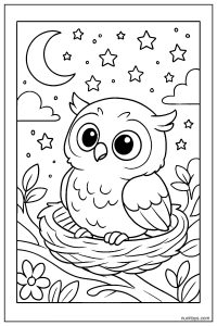 דף צביעה של ינשוף קטן יושב בקן בלילה עם ירח וכוכבים