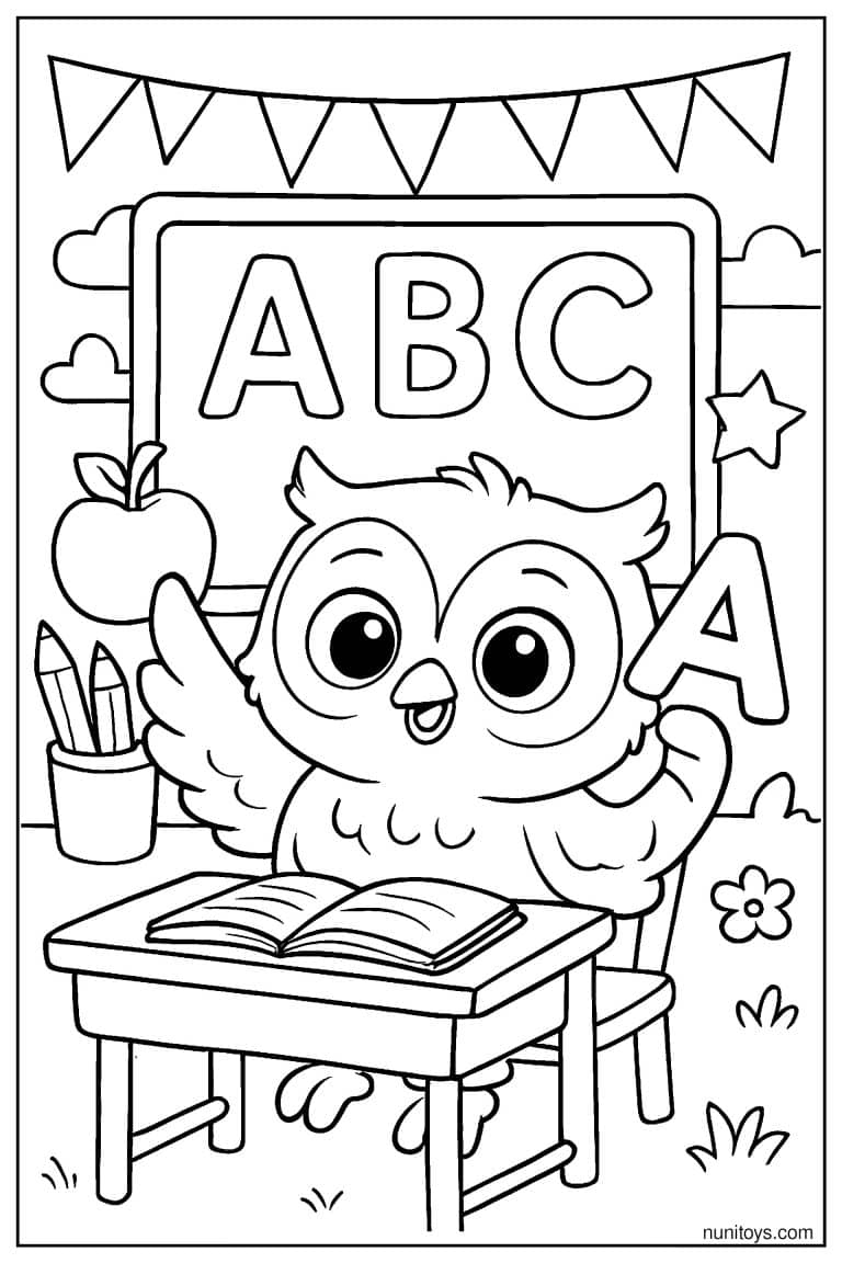 Coloriage d’un hibou levant l’aile devant l’alphabet